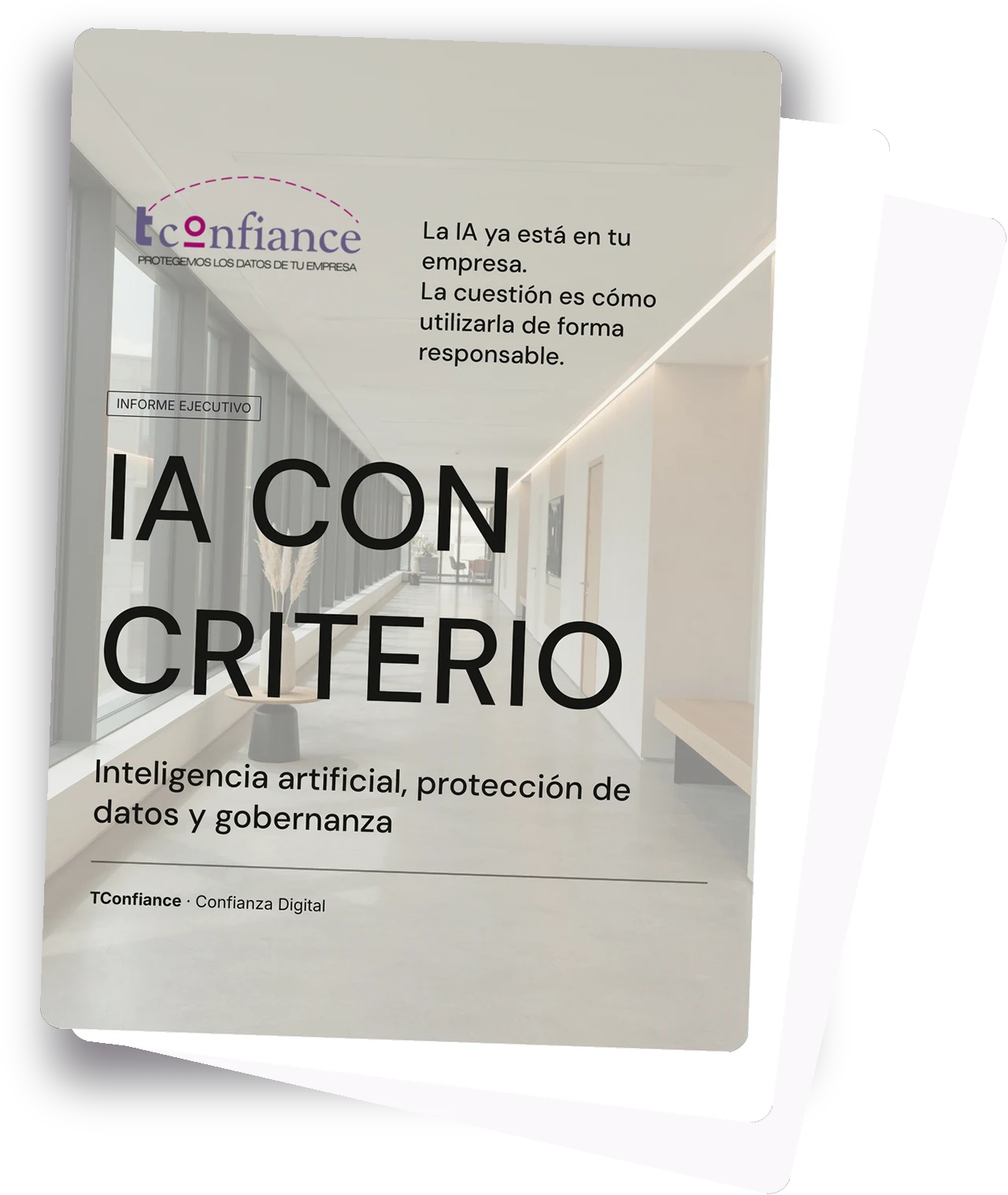 Portada de la guía en PDF «IA con criterio» de Tconfiance, mostrada como documento apilado